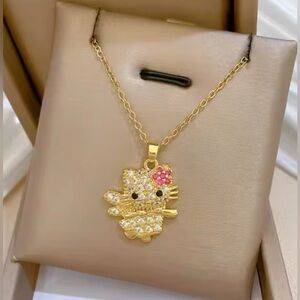 18K Gold Hello Kitty W/ Angel Wings & Flower Bow Pave Diamond Inlay Necklace
